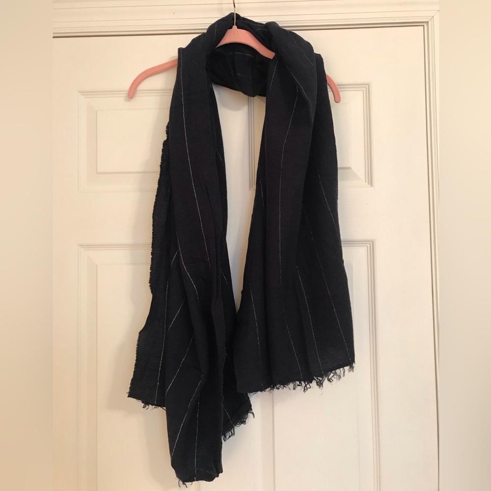 J.Crew Navy Blue Scarf with Silver Stripes & Fringe Made in Italy Italian Scarf